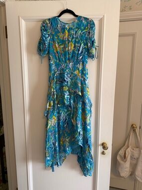 Tanya Taylor Turquoise Floral High-Low Midi Dress